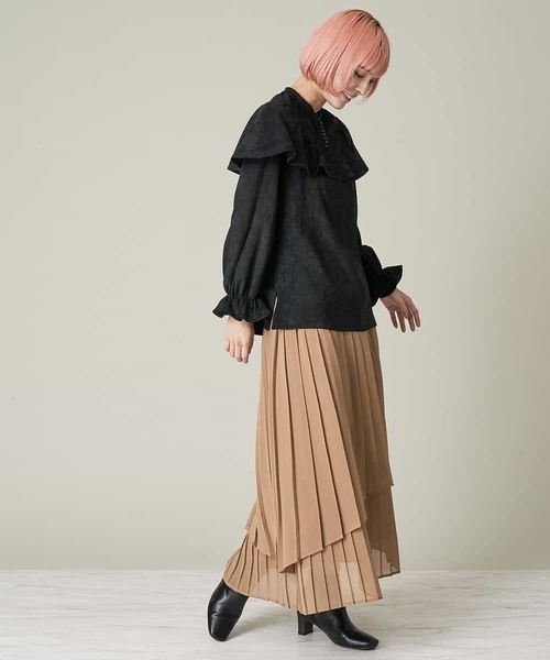 A de a.v.v（アードアー・ヴェ・ヴェ）の「レイヤードアシンメトリーシフォンプリーツスカート（スカート・レディース・ブラック/ベージュ/ライトピンク・39）」の9枚目の写真