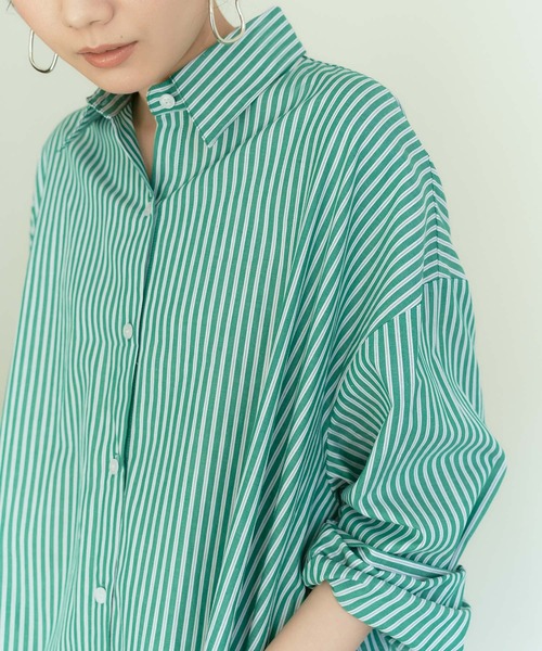 titivate（ティティベイト）の「ｽﾄﾗｲﾌﾟ柄ﾋﾞｯｸﾞｼｬﾂﾜﾝﾋﾟｰｽ（シャツワンピース・レディース・ブルー系その他/イエロー系その他/グリーン系その他・S/M/L）」の4枚目の写真