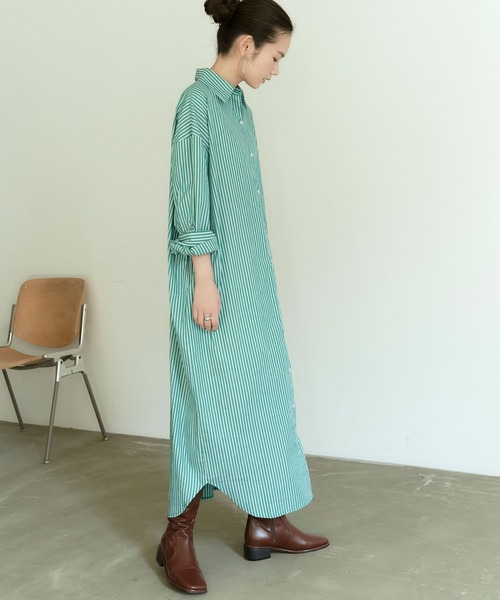 titivate（ティティベイト）の「ｽﾄﾗｲﾌﾟ柄ﾋﾞｯｸﾞｼｬﾂﾜﾝﾋﾟｰｽ（シャツワンピース・レディース・ブルー系その他/イエロー系その他/グリーン系その他・S/M/L）」の21枚目の写真