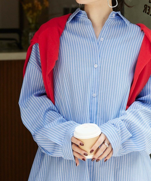 titivate（ティティベイト）の「ｽﾄﾗｲﾌﾟ柄ﾋﾞｯｸﾞｼｬﾂﾜﾝﾋﾟｰｽ（シャツワンピース・レディース・ブルー系その他/イエロー系その他/グリーン系その他・S/M/L）」の11枚目の写真