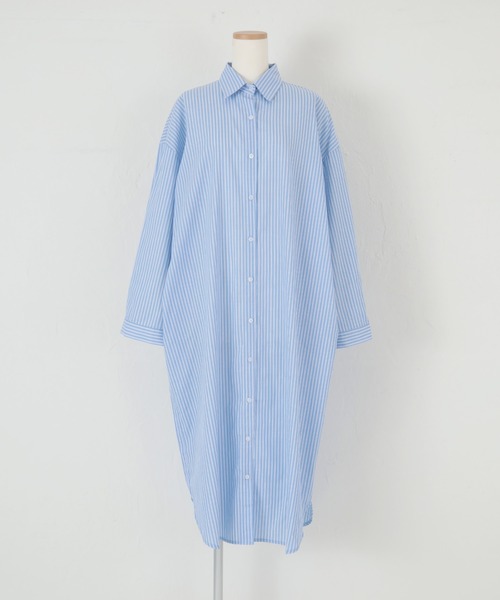 美品】ティッカ シャツワンピース くすみライトブルー系ストライプ