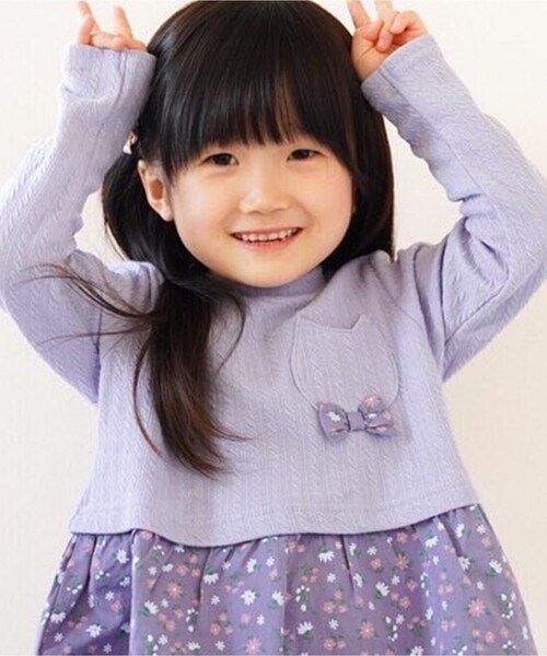SHOO・LA・RUE(シューラルー)の「◆【90-130cm】ふくれジャカード猫ポッケワンピース(ワンピース・キッズ・ライトパープル/ベビーピンク・11/10/12/13/09)」の3枚目の写真
