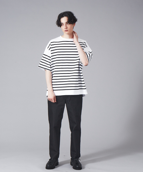 MONT KEMMEL（モンケメル）の「【MONTKEMMEL / モンケメル】別注 ボーダー オーバーサイズ クルーネック バスクTシャツ（Tシャツ/カットソー・メンズ・ブラック/カーキ/ブルー/スミクロ/グレイッシュブルー・46/48）」の7枚目の写真