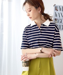 《JaVa ジャバコラボ》愛されレトロボーダー。マルチボーダー衿付き半袖Tee