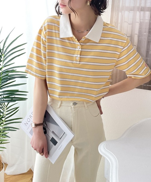 Java(ジャバ)の「《JaVa ジャバコラボ》愛されレトロボーダー。マルチボーダー衿付き半袖Tee(ポロシャツ・レディース・ベージュ/ネイビー/オリーブ/イエロー/ブルー/グリーン・SMALL/MEDIUM/LARGE/X-LARGE)」の6枚目の写真