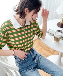 《JaVa ジャバコラボ》愛されレトロボーダー。マルチボーダー衿付き半袖Tee