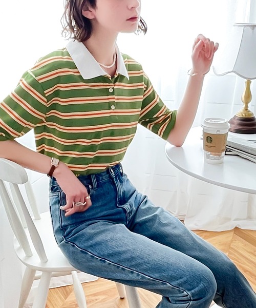 Java(ジャバ)の「《JaVa ジャバコラボ》愛されレトロボーダー。マルチボーダー衿付き半袖Tee(ポロシャツ・レディース・ベージュ/ネイビー/オリーブ/イエロー/ブルー/グリーン・SMALL/MEDIUM/LARGE/X-LARGE)」の22枚目の写真