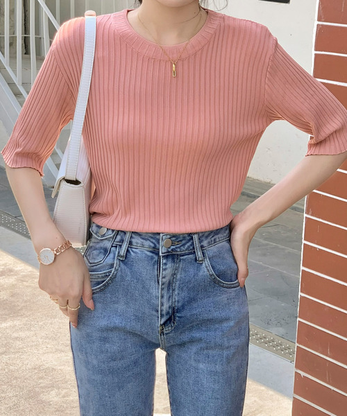 emi+(エミプラス)の「5分袖サマーリブニットトップス(Tシャツ/カットソー・レディース・ホワイト/ブラック/イエロー/オレンジ/ブルー/グリーン/ピンクベージュ・S/M/L)」の6枚目の写真