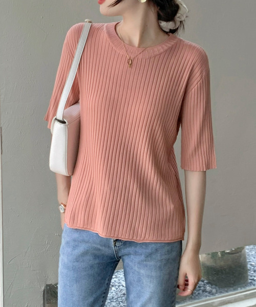 emi+(エミプラス)の「5分袖サマーリブニットトップス(Tシャツ/カットソー・レディース・ホワイト/ブラック/イエロー/オレンジ/ブルー/グリーン/ピンクベージュ・S/M/L)」の8枚目の写真