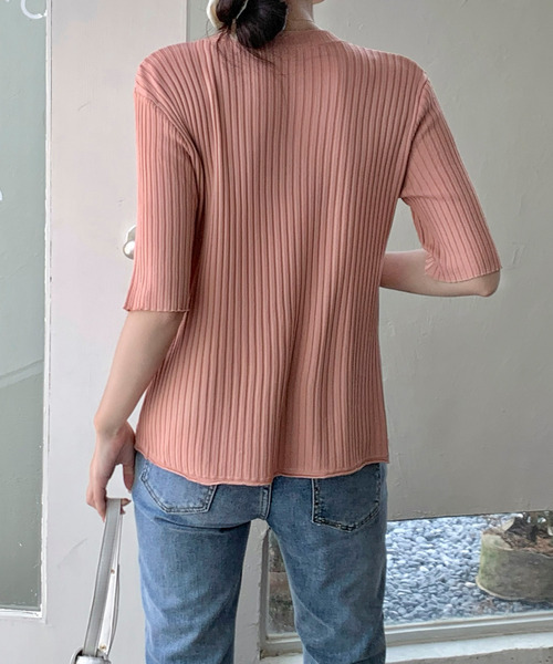 emi+(エミプラス)の「5分袖サマーリブニットトップス(Tシャツ/カットソー・レディース・ホワイト/ブラック/イエロー/オレンジ/ブルー/グリーン/ピンクベージュ・S/M/L)」の9枚目の写真