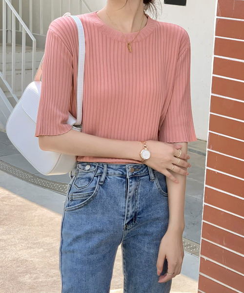 emi+(エミプラス)の「5分袖サマーリブニットトップス(Tシャツ/カットソー・レディース・ホワイト/ブラック/イエロー/オレンジ/ブルー/グリーン/ピンクベージュ・S/M/L)」の10枚目の写真