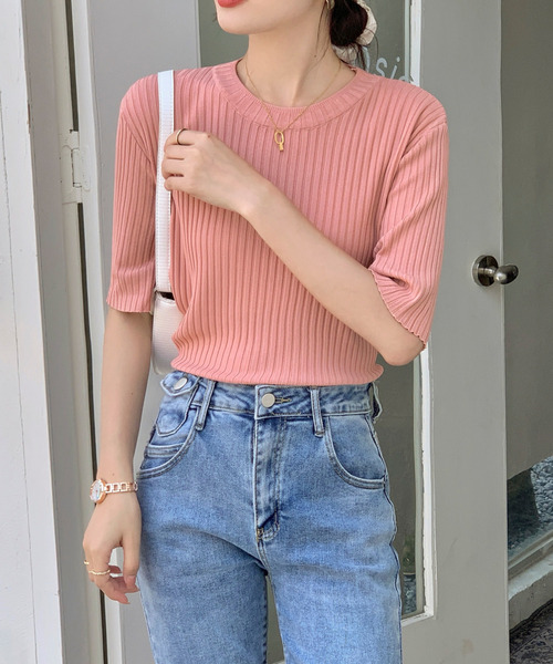 emi+(エミプラス)の「5分袖サマーリブニットトップス(Tシャツ/カットソー・レディース・ホワイト/ブラック/イエロー/オレンジ/ブルー/グリーン/ピンクベージュ・S/M/L)」の11枚目の写真