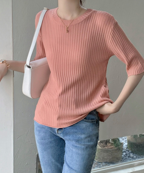emi+(エミプラス)の「5分袖サマーリブニットトップス(Tシャツ/カットソー・レディース・ホワイト/ブラック/イエロー/オレンジ/ブルー/グリーン/ピンクベージュ・S/M/L)」の12枚目の写真