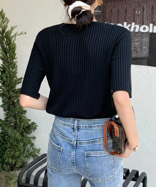 emi+(エミプラス)の「5分袖サマーリブニットトップス(Tシャツ/カットソー・レディース・ホワイト/ブラック/イエロー/オレンジ/ブルー/グリーン/ピンクベージュ・S/M/L)」の13枚目の写真