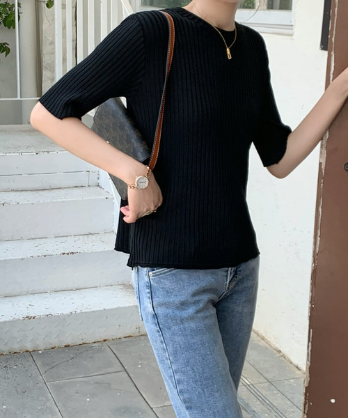 emi+(エミプラス)の「5分袖サマーリブニットトップス(Tシャツ/カットソー・レディース・ホワイト/ブラック/イエロー/オレンジ/ブルー/グリーン/ピンクベージュ・S/M/L)」の14枚目の写真