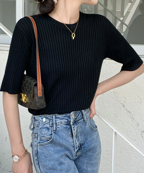 emi+(エミプラス)の「5分袖サマーリブニットトップス(Tシャツ/カットソー・レディース・ホワイト/ブラック/イエロー/オレンジ/ブルー/グリーン/ピンクベージュ・S/M/L)」の17枚目の写真