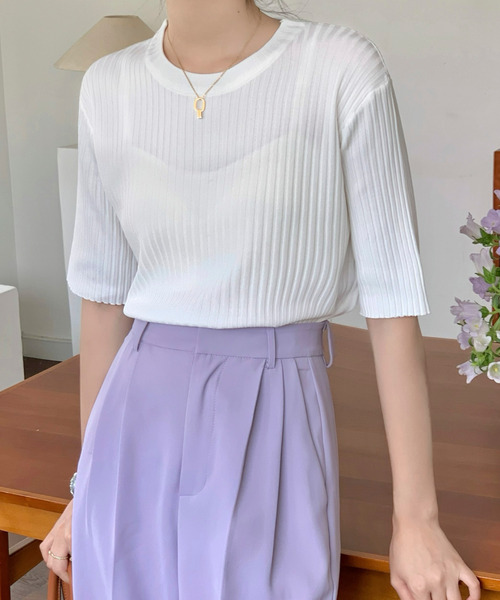 emi+(エミプラス)の「5分袖サマーリブニットトップス(Tシャツ/カットソー・レディース・ホワイト/ブラック/イエロー/オレンジ/ブルー/グリーン/ピンクベージュ・S/M/L)」の19枚目の写真