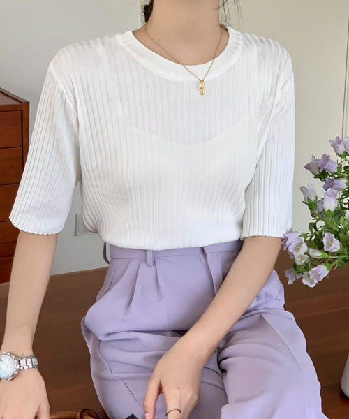 emi+(エミプラス)の「5分袖サマーリブニットトップス(Tシャツ/カットソー・レディース・ホワイト/ブラック/イエロー/オレンジ/ブルー/グリーン/ピンクベージュ・S/M/L)」の21枚目の写真