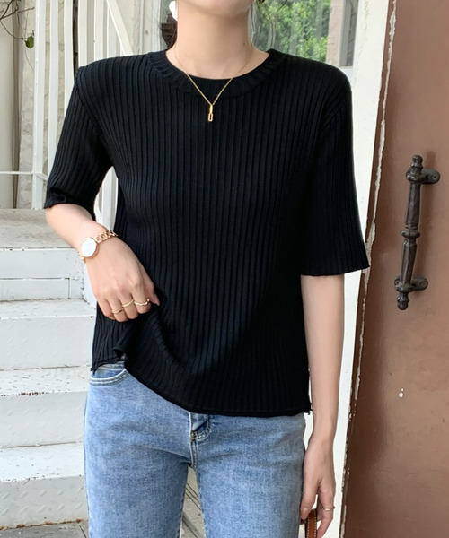emi+(エミプラス)の「5分袖サマーリブニットトップス(Tシャツ/カットソー・レディース・ホワイト/ブラック/イエロー/オレンジ/ブルー/グリーン/ピンクベージュ・S/M/L)」の16枚目の写真