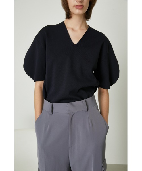 ニット+セーター RIM.ARK back long square knit tops Open collar rib knit tops オープンカラーリブニットトップス（ニット