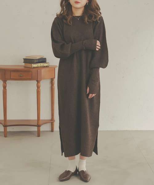 Ambre Neige（アンブルネージュ）の「着心地抜群◎ ロングカフスメランジニットワンピース／【WEB/EC限定商品】（ワンピース・レディース・ライトベージュ/ダークブラウン/ベージュ・FREE）」の14枚目の写真