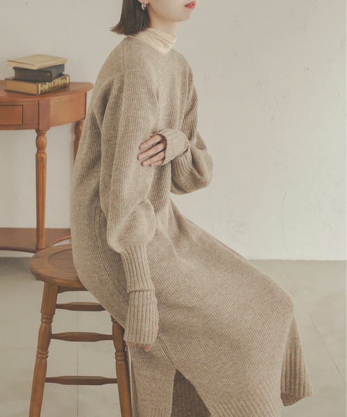 Ambre Neige（アンブルネージュ）の「着心地抜群◎ ロングカフスメランジニットワンピース／【WEB/EC限定商品】（ワンピース・レディース・ライトベージュ/ダークブラウン/ベージュ・FREE）」の5枚目の写真