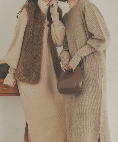 Ambre Neige（アンブルネージュ）の「着心地抜群◎ ロングカフスメランジニットワンピース／【WEB/EC限定商品】（ワンピース・レディース・ライトベージュ/ダークブラウン/ベージュ・FREE）」の4枚目の写真