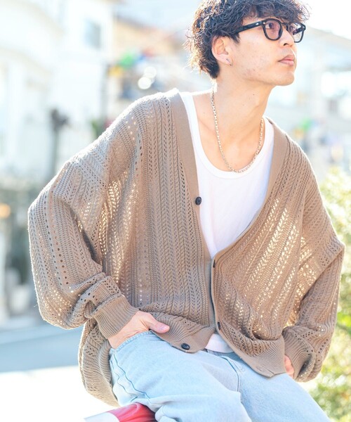 PUBLUX（パブリュクス）の「【23SS】【PUBLUX/パブリュクス】 クロシェ カーディガン/透かし編みオーバーサイズカーディガン/ユニセックス【WEB限定】（カーディガン/ボレロ・メンズ・ブラック/ベージュ/ブルー/グリーン・SMALL/MEDIUM/LARGE）」の3枚目の写真