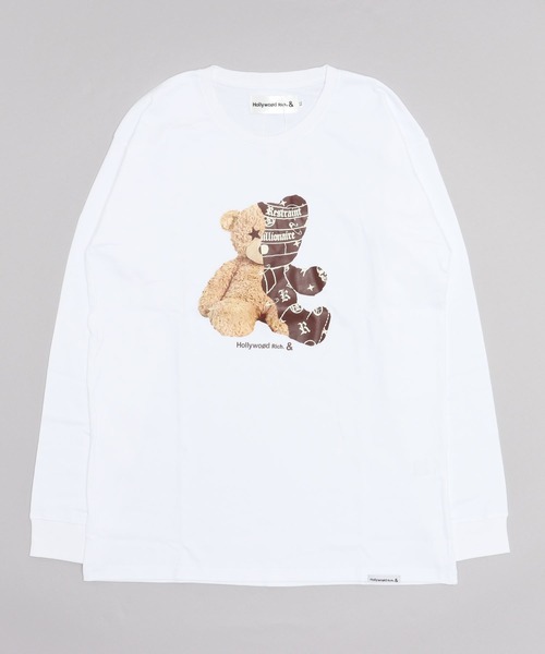 アシンメトリー ベア クマ プリント カットソー ロンT メンズ（T