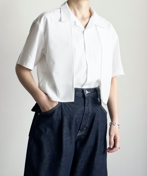 COMMON WARE(コモンウェアー)の「COMMONWARE:ポリエステルストレッチ フラシ トレンチ オープンカラー シャツS/S(シャツ/ブラウス・レディース・ホワイト/グレー/ブラック・L/XL/M)」の7枚目の写真