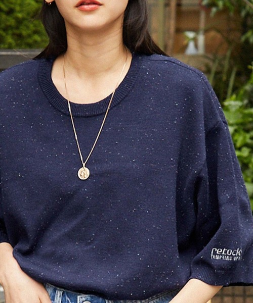 MONO-MART（モノマート）の「【retock's】カラーネップニット ビッグシルエット半袖プルオーバー（Tシャツ/カットソー・レディース・ブラック/カーキ/サックスブルー/ライトグレー/ピンク/ネイビー・M/L）」の4枚目の写真