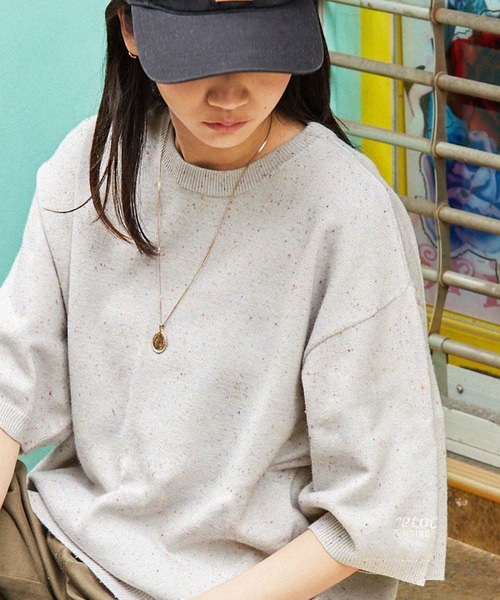 MONO-MART（モノマート）の「【retock's】カラーネップニット ビッグシルエット半袖プルオーバー（Tシャツ/カットソー・レディース・ブラック/カーキ/サックスブルー/ライトグレー/ピンク/ネイビー・M/L）」の2枚目の写真