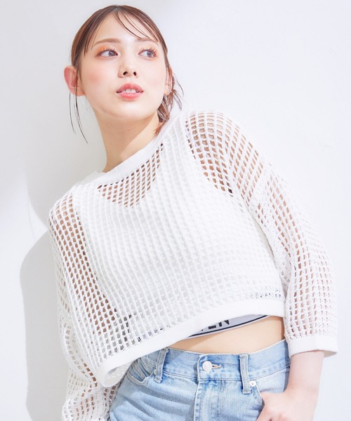 INGNI（イング）の「2WAYショート丈メッシュ柄ニットカーディガン（カーディガン/ボレロ・レディース・ブラック/オフホワイト/オレンジ/ロイヤルブルー・M）」の2枚目の写真