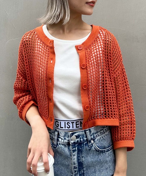 INGNI（イング）の「2WAYショート丈メッシュ柄ニットカーディガン（カーディガン/ボレロ・レディース・ブラック/オフホワイト/オレンジ/ロイヤルブルー・M）」の4枚目の写真