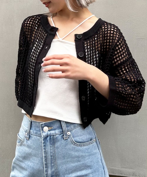 INGNI（イング）の「2WAYショート丈メッシュ柄ニットカーディガン（カーディガン/ボレロ・レディース・ブラック/オフホワイト/オレンジ/ロイヤルブルー・M）」の3枚目の写真