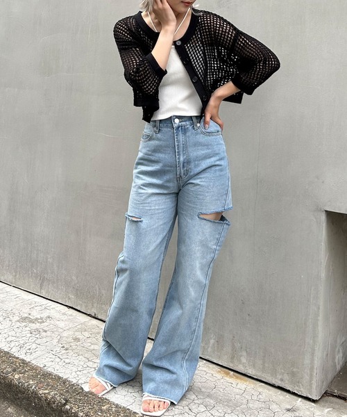 INGNI（イング）の「2WAYショート丈メッシュ柄ニットカーディガン（カーディガン/ボレロ・レディース・ブラック/オフホワイト/オレンジ/ロイヤルブルー・M）」の5枚目の写真