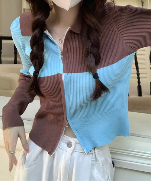 c.u.l（シーユーエル）の「格子柄 ジップアップカーディガン culw510（カーディガン/ボレロ・レディース・ブラック/ブルー・FREE）」の2枚目の写真