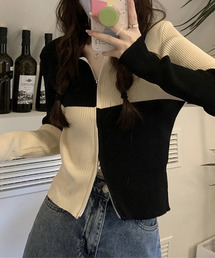 格子柄 ジップアップカーディガン culw510