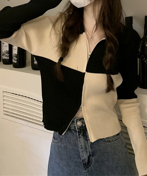 c.u.l（シーユーエル）の「格子柄 ジップアップカーディガン culw510（カーディガン/ボレロ・レディース・ブラック/ブルー・FREE）」の3枚目の写真