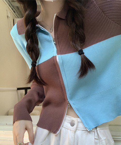 c.u.l（シーユーエル）の「格子柄 ジップアップカーディガン culw510（カーディガン/ボレロ・レディース・ブラック/ブルー・FREE）」の6枚目の写真