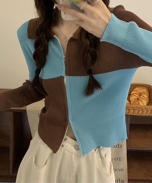 c.u.l（シーユーエル）の「格子柄 ジップアップカーディガン culw510（カーディガン/ボレロ・レディース・ブラック/ブルー・FREE）」の7枚目の写真