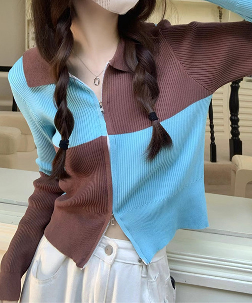 c.u.l（シーユーエル）の「格子柄 ジップアップカーディガン culw510（カーディガン/ボレロ・レディース・ブラック/ブルー・FREE）」の8枚目の写真