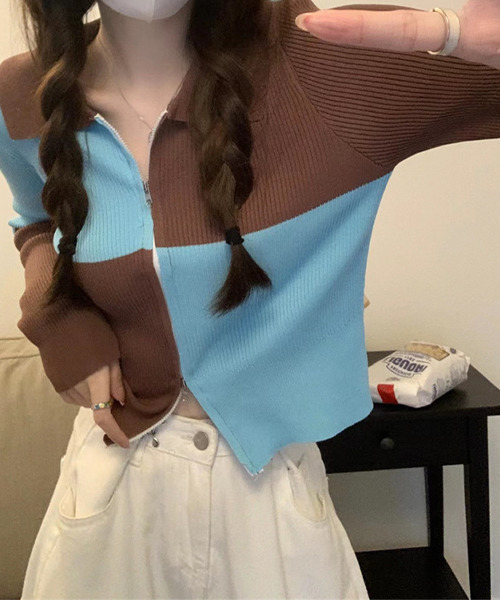 c.u.l（シーユーエル）の「格子柄 ジップアップカーディガン culw510（カーディガン/ボレロ・レディース・ブラック/ブルー・FREE）」の9枚目の写真