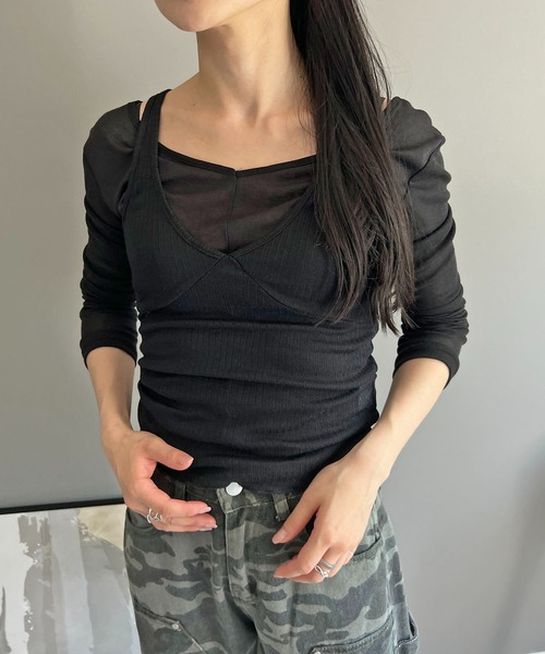 Jewelobe(ジュエローブ)の「セミシアータンクトップ&ロングスリーブトップスセットアップ(Tシャツ/カットソー・レディース・ホワイト/ブラック/カーキ・FREE)」の4枚目の写真