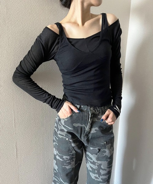 Jewelobe(ジュエローブ)の「セミシアータンクトップ&ロングスリーブトップスセットアップ(Tシャツ/カットソー・レディース・ホワイト/ブラック/カーキ・FREE)」の21枚目の写真