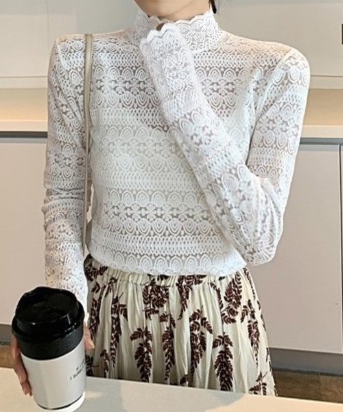 Chaco closet(チャコ クローゼット)の「ボトルネックスカラップレースシアープルオーバー(Tシャツ/カットソー・レディース・アイボリー/ブラック/ホワイト・FREE)」の1枚目の写真