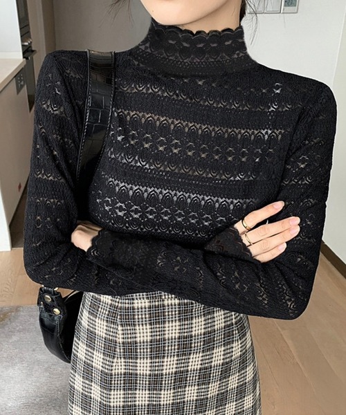 Chaco closet(チャコ クローゼット)の「ボトルネックスカラップレースシアープルオーバー(Tシャツ/カットソー・レディース・アイボリー/ブラック/ホワイト・FREE)」の3枚目の写真