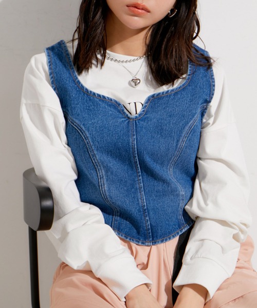 VIS(ビス)の「【セットアップ対応】切替ラインデニムビスチェ【洗える】(ベスト・レディース・サックスブルー/ブルー・FREE)」の1枚目の写真