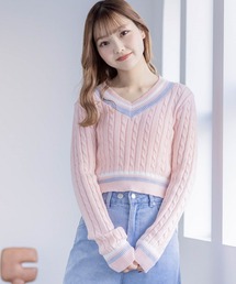 clear | ケーブル編みVネック長袖ショート丈ニットトップス≪2024SS新作≫(ニット/セーター)