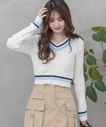 clear | ケーブル編みVネック長袖ショート丈ニットトップス≪2024SS新作≫(ニット/セーター)